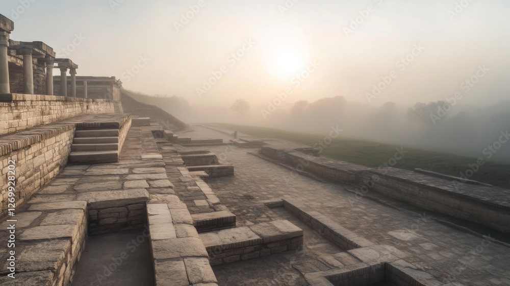 Obraz premium Ancient ruins, sunrise, foggy morning, historical site, photo for history book