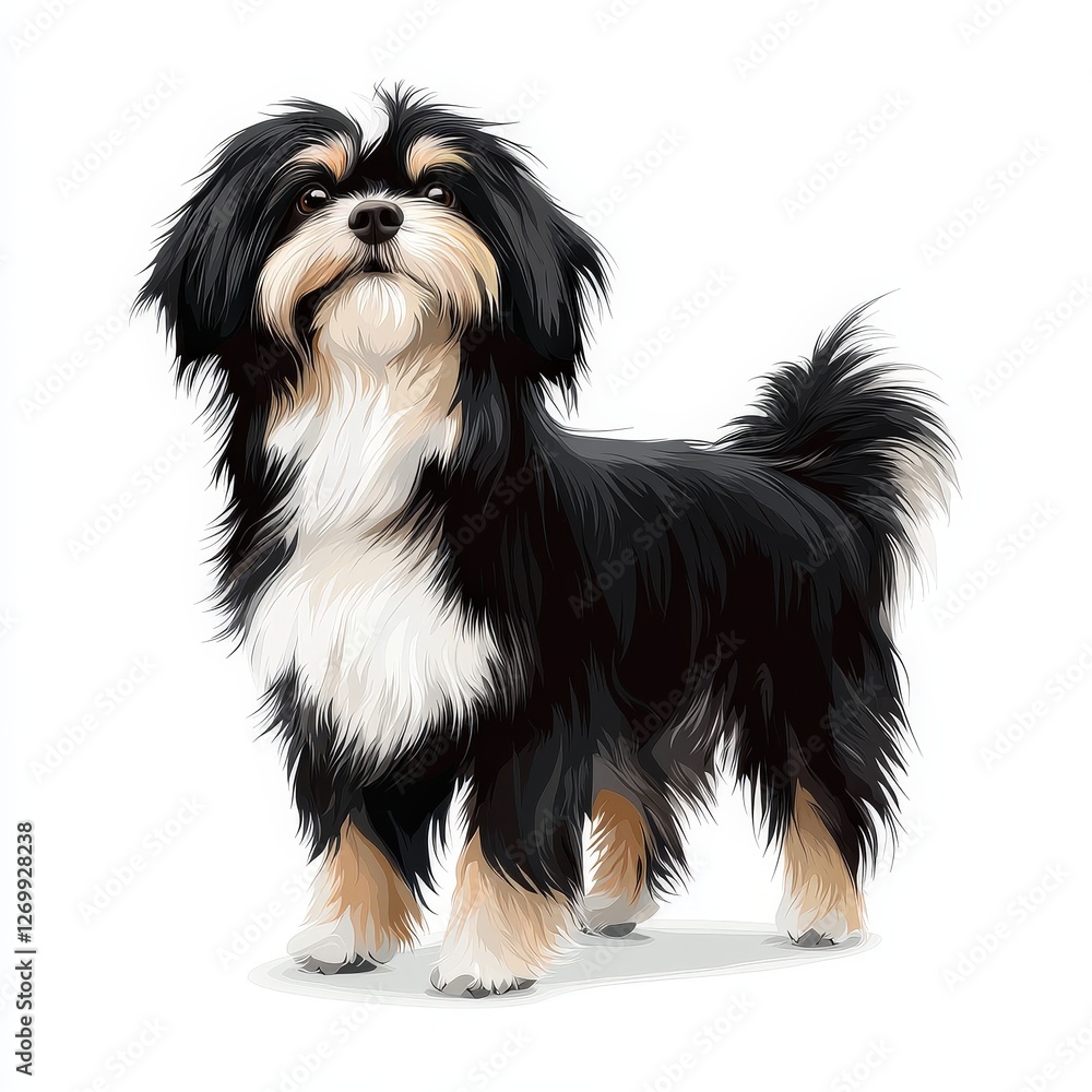 Long haired black and white dog sitting on grass in a sunny outdoor environment Long haired black and white dog sitting on grass in a sunny outdoor environment