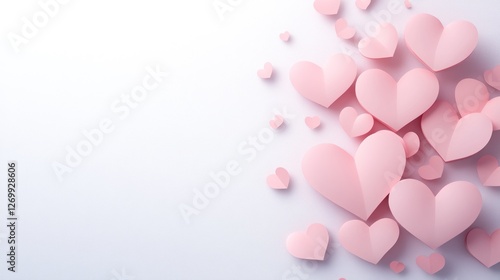 Pink Paper Hearts Scattered on White Background