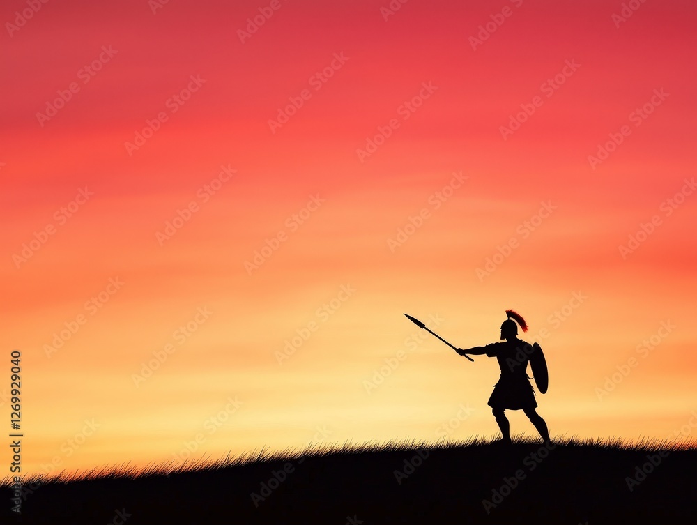 Man holding sword standing on hilltop against blue sky and green landscape Man holding sword standing on hilltop against blue sky and green landscape