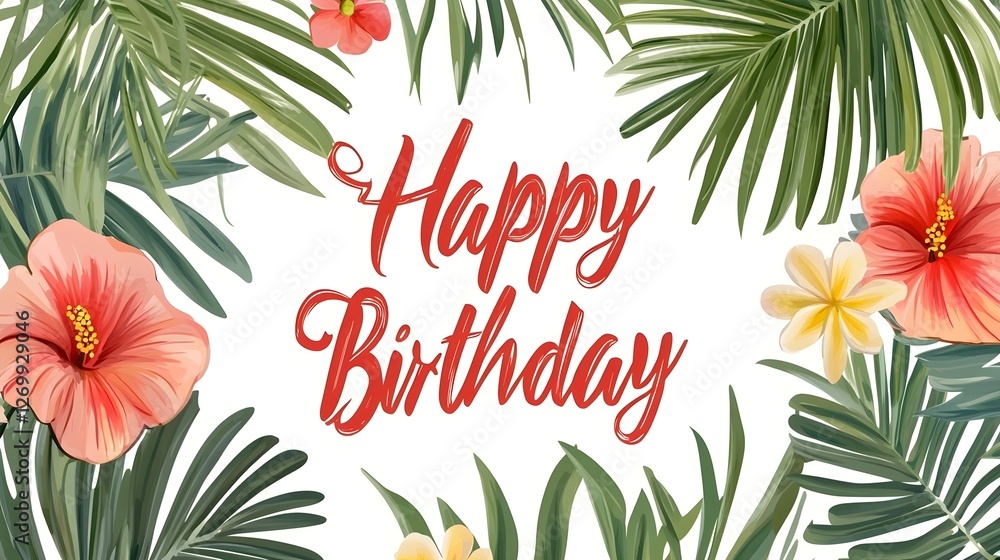 Naklejka premium Palm leaves and tropical flowers surround 