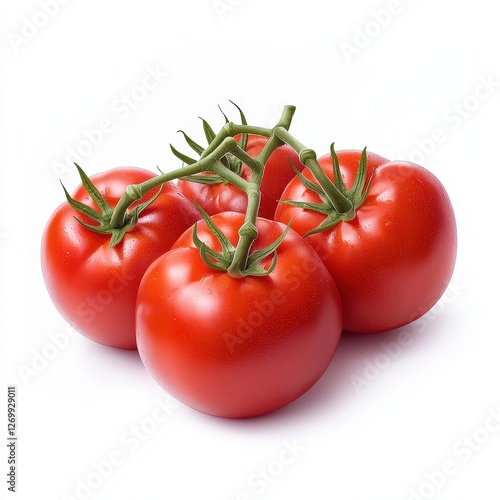 Three ripe red tomatoes arranged on a plain white background for fresh produce display