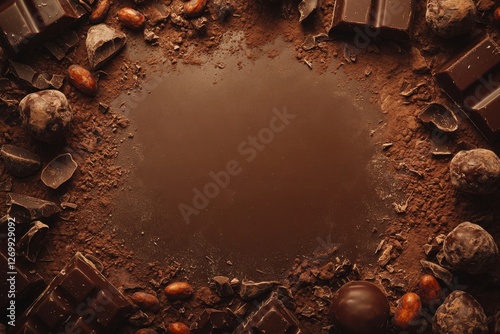 Dark Chocolate  Cocoa Powder Background Rich, Decadent Texture with Chocolate Pieces, Cocoa Beans  Truffles. Perfect for Confectionery, Dessert, or Food Blog Designs.