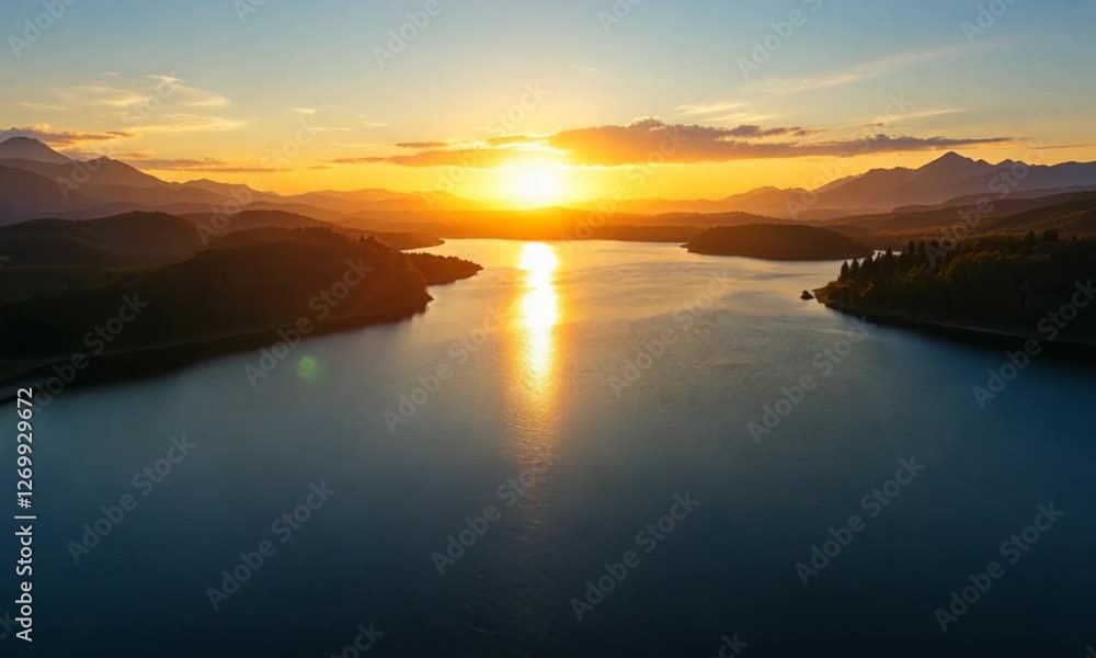 Panoramic Sunset Over Mountain Lake. Aerial View. Possible Use Stock photo for travel brochures, nature calendars, or desktop backgrounds Panoramic Sunset Over Mountain Lake. Aerial View. Possible Use Stock photo for travel brochures, nature calendars, or desktop backgrounds