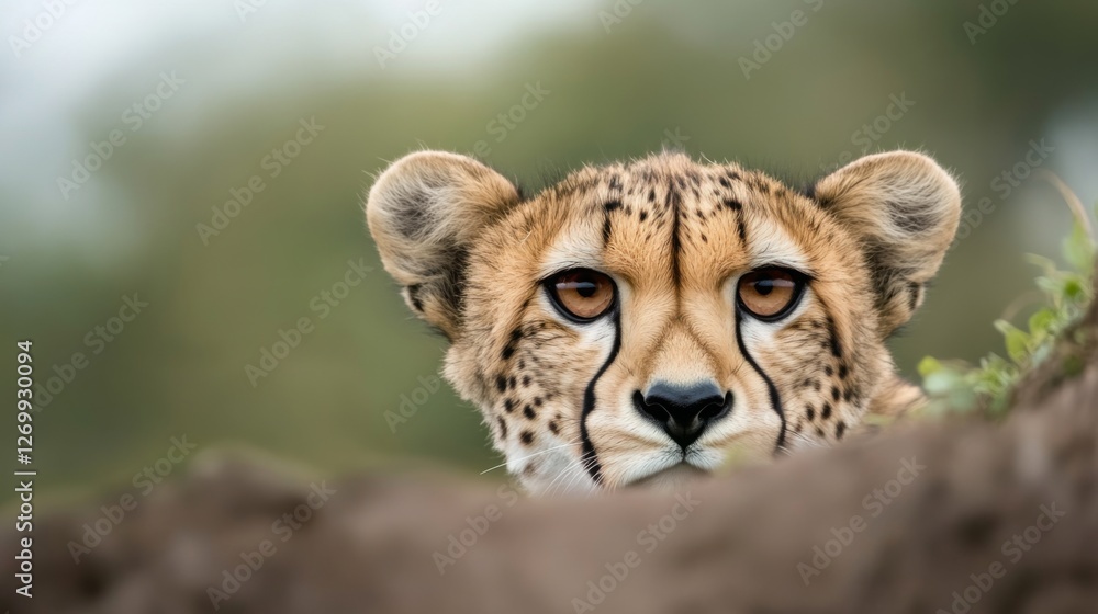 Obraz premium Cheetah peering from behind a mound in the African savanna. Possible use Stock photo for wildlife or nature themes