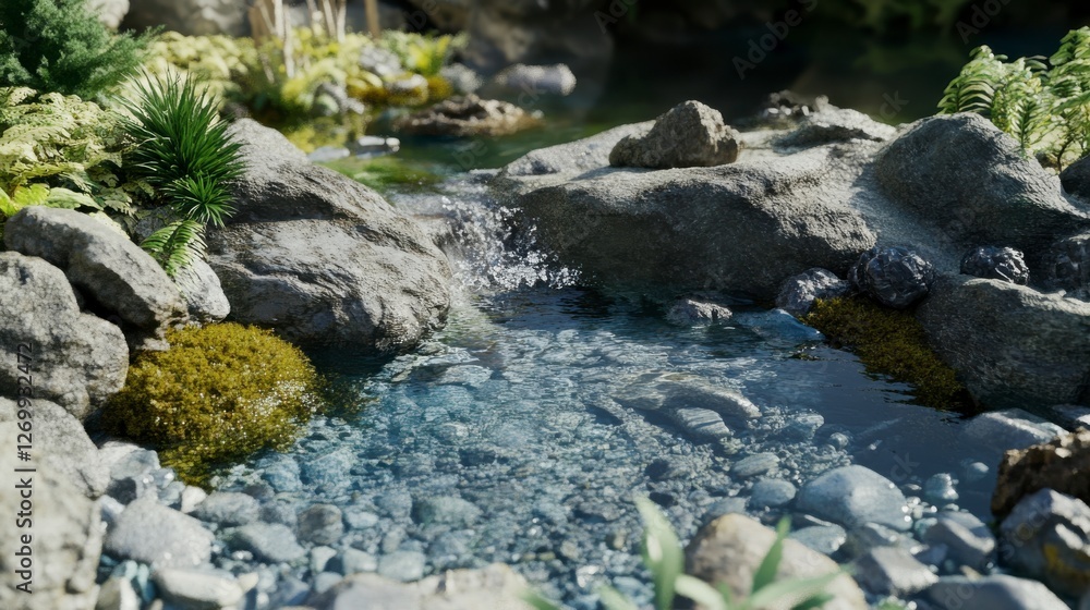 Serene Mountain Stream with Cascading Waterfalls, Rocky Landscape, and Lush Greenery Serene Mountain Stream with Cascading Waterfalls, Rocky Landscape, and Lush Greenery
