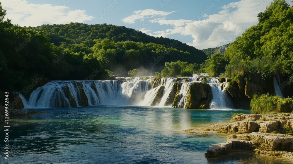 Naklejka premium Stunning Waterfall in Lush Green Forest: A Breathtaking Natural Wonder