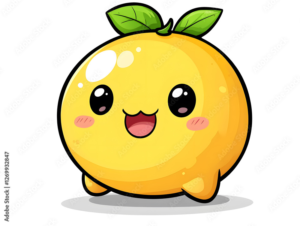 Obraz premium Cute Illustration Featuring a Lemon With Big Eyes and a Cheerful Expression, Surrounded by Green Leaves, Highlighting Its Vibrant Yellow Color, Bringing a Playful and Fun Atmosphere to Any Setting