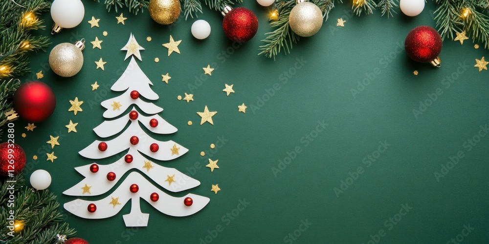 Naklejka premium Festive Christmas Decor Green Background White Tree Ornaments
