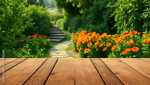 Photograph of a wooden table with a rustic, weathered texture, placed in the foreground. The background features a lush, green garden with vibrant foliage and blooming orange flowers