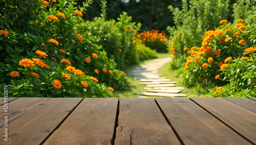 Photograph of a wooden table with a rustic, weathered texture, placed in the foreground. The background features a lush, green garden with vibrant foliage and blooming orange flowers