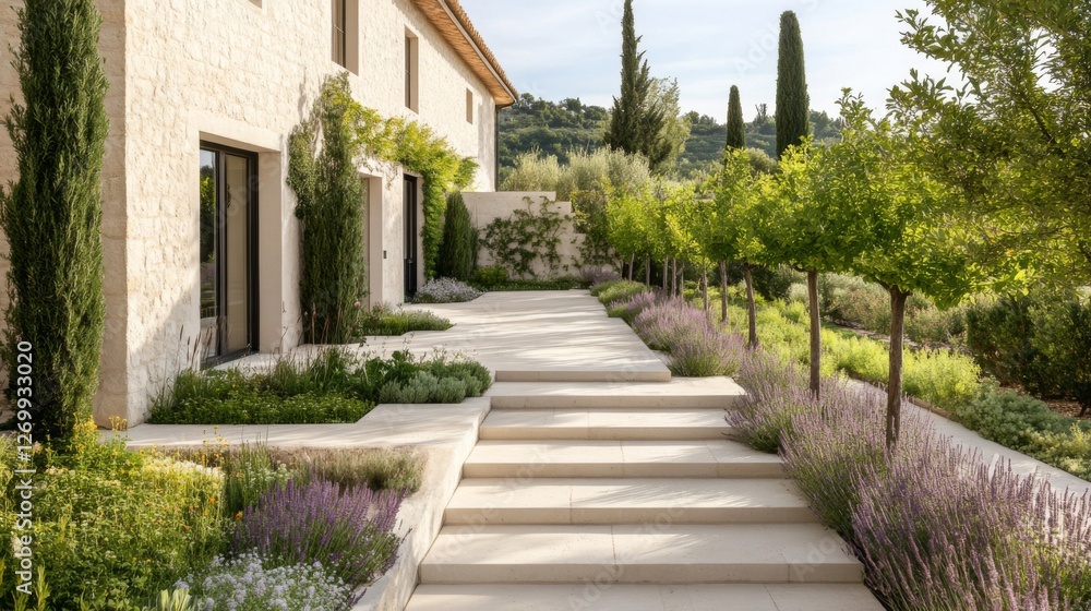 Modern stone patio steps leading to a light-beige house, sun-drenched landscape design, tranquil garden Modern stone patio steps leading to a light-beige house, sun-drenched landscape design, tranquil garden