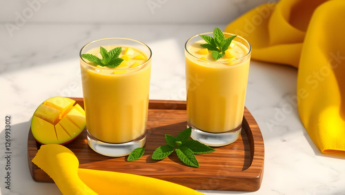 Two glasses of mango smoothie, one with a mint garnish, sitting on a wooden tray. The smoothie has a creamy texture and is topped with diced mango pieces. Generative AI.