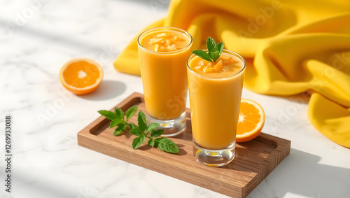 Two glasses of orange smoothie, one with a mint garnish, sitting on a wooden tray. The smoothie has a creamy texture and is topped with diced orange pieces