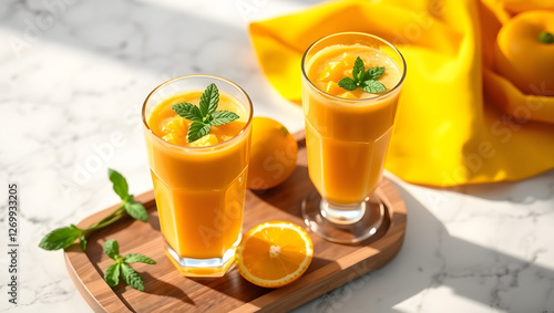 Two glasses of orange smoothie, one with a mint garnish, sitting on a wooden tray. The smoothie has a creamy texture and is topped with diced orange pieces