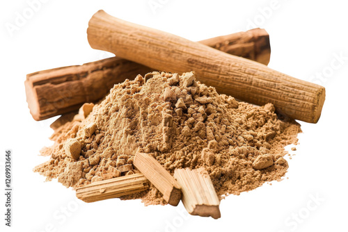 Obraz na płótnie Aromatic sandalwood powder and logs showcasing natural beauty and earthy fragrance near sunset isolated on transparent background w salonie