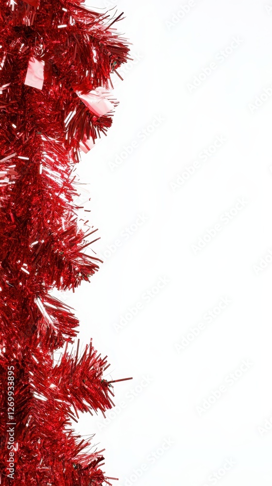 Red Christmas Tinsel Border on White Background: Festive Holiday Decoration Red Christmas Tinsel Border on White Background: Festive Holiday Decoration