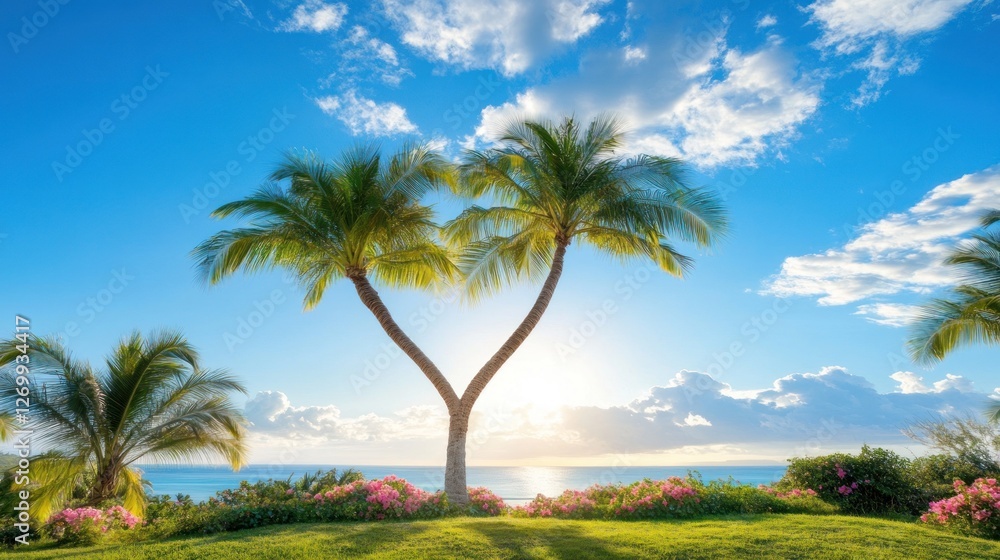 Two Palm Trees Forming A Heart Shape Near Ocean