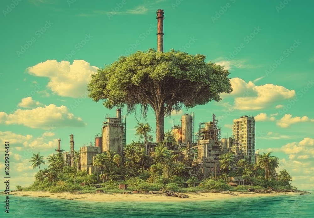 Fototapeta premium A 3D illustration of a globe depicting both peace and war, featuring devastated landscapes. This image symbolizes the concepts of apocalypse, environmental conservation, pollution, and the balance