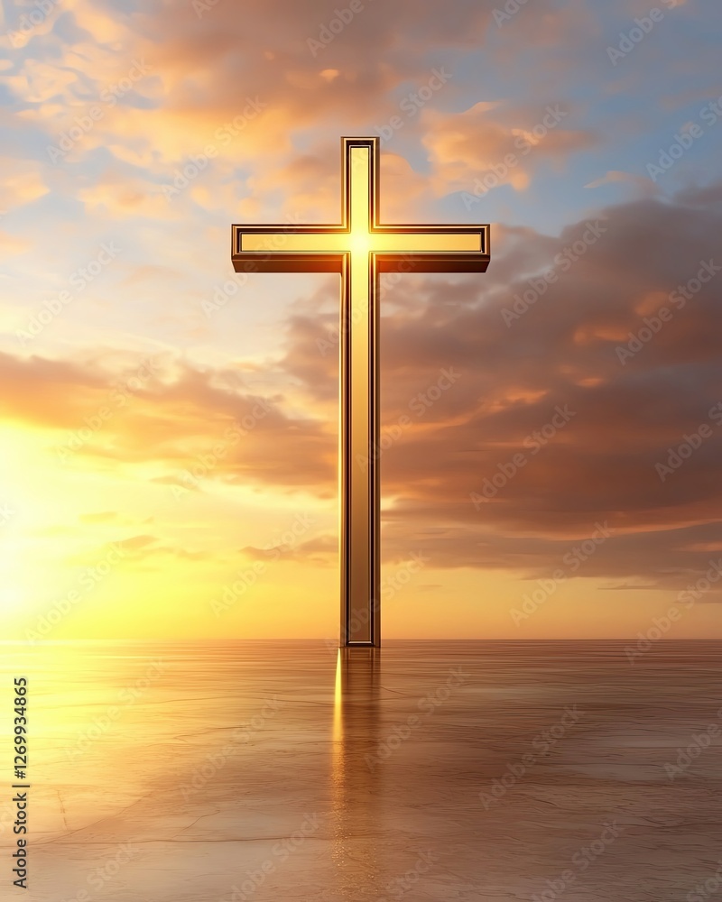 Minimalist Gold Cross represented by a softly glowing gold cross overlays a gentle sunset sky, creating a seamless and peaceful spiritual vision, Modern Gold Crucifix Minimalist Gold Cross represented by a softly glowing gold cross overlays a gentle sunset sky, creating a seamless and peaceful spiritual vision, Modern Gold Crucifix