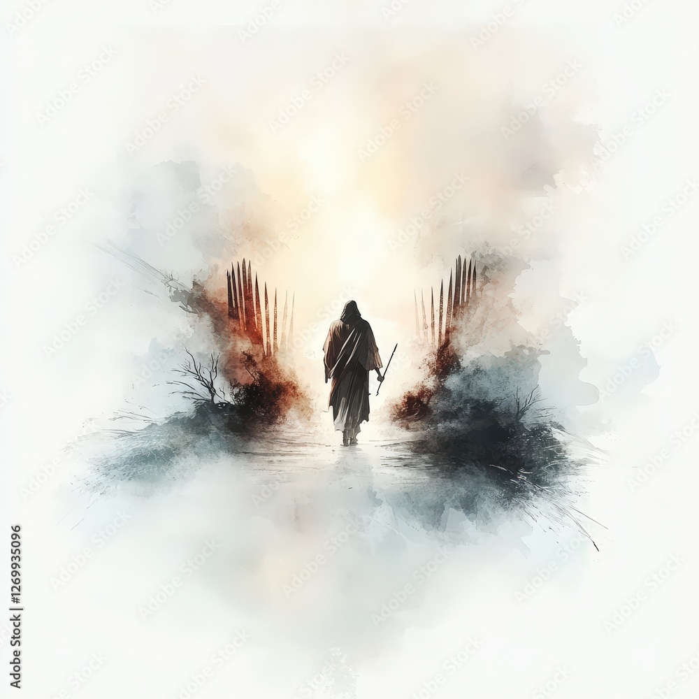 Fototapeta premium Jesus Walking Towards the Gates of Heaven with Cross in Hand. Digital watercolor illustration