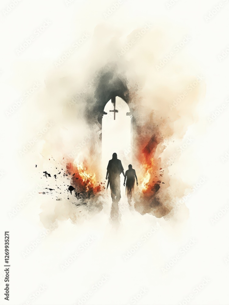 Fototapeta premium Two Figures Walking Towards the Cross Through a Fiery Passage. Digital watercolor illustration