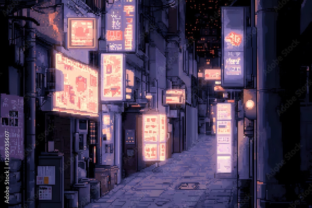 Fototapeta premium Neon-lit alleyway in a bustling urban environment during the late evening