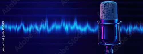 A microphone with sound wave graphics in a vibrant blue background.