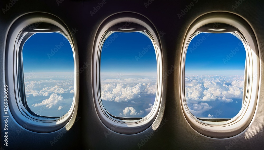 Naklejka premium abstract composition of airplane windows with beautiful views of clouds and sky