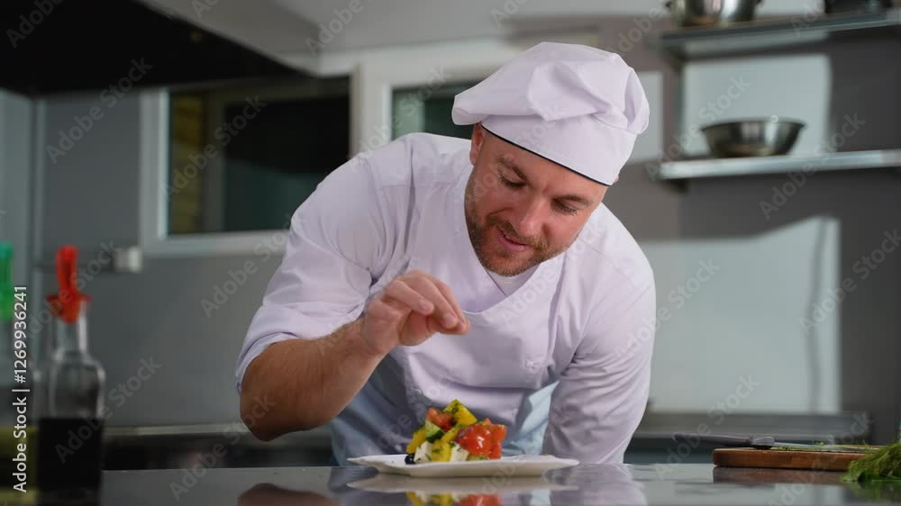 Chef Sprinkling Salt on a Freshly Plated Vegetable Dish Chef Sprinkling Salt on a Freshly Plated Vegetable Dish