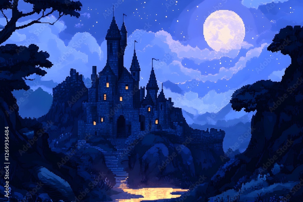 Mysterious castle illuminated by moonlight reflects in a tranquil lake at night Mysterious castle illuminated by moonlight reflects in a tranquil lake at night