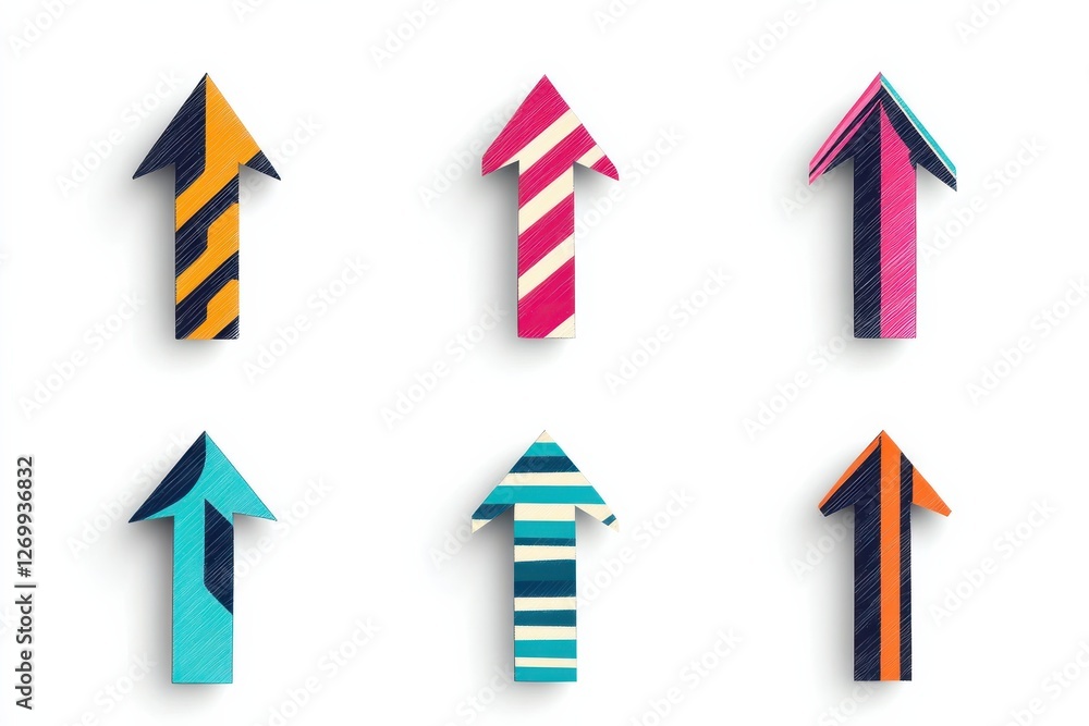 Colorful arrows crafted from paper showcasing diverse patterns and designs on a white background isolated on transparent background Colorful arrows crafted from paper showcasing diverse patterns and designs on a white background isolated on transparent background