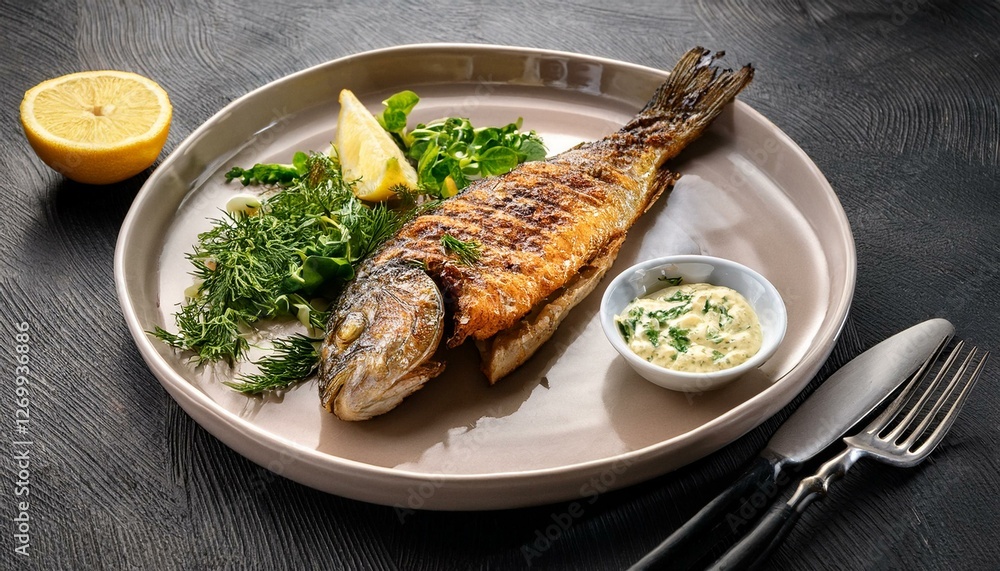 plate with roasted fish served with herbs and sauce plate with roasted fish served with herbs and sauce