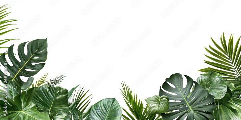 Naklejka premium Tropical green palm and monstera leaves border on white background