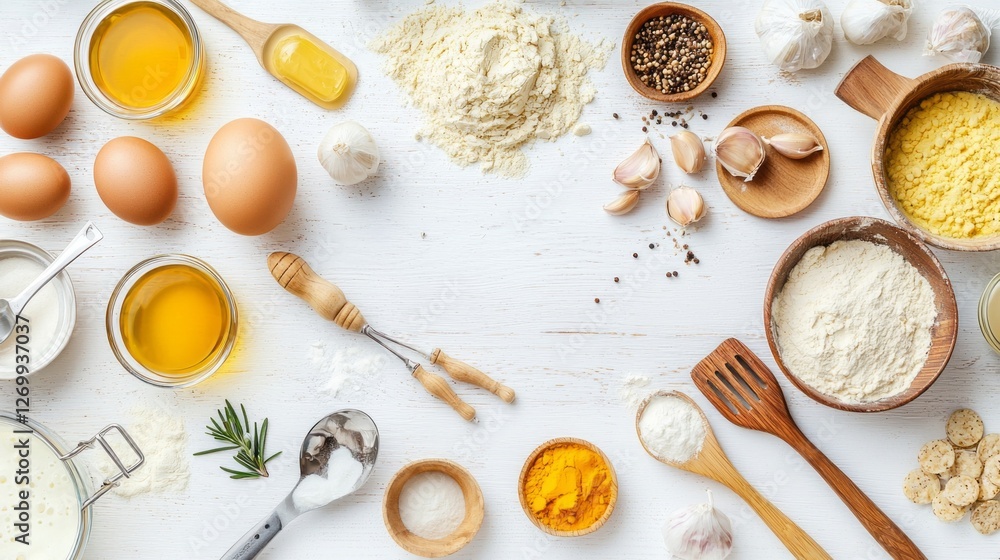 On a rustic wooden surface, an array of kitchen utensils and fresh ingredients come together. Flour, eggs, garlic, and spices create a vibrant cooking palette, perfect for culinary adventures On a rustic wooden surface, an array of kitchen utensils and fresh ingredients come together. Flour, eggs, garlic, and spices create a vibrant cooking palette, perfect for culinary adventures