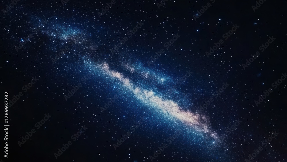 Fototapeta premium Stunning deep space view of the Milky Way galaxy with glowing blue nebulae and countless stars