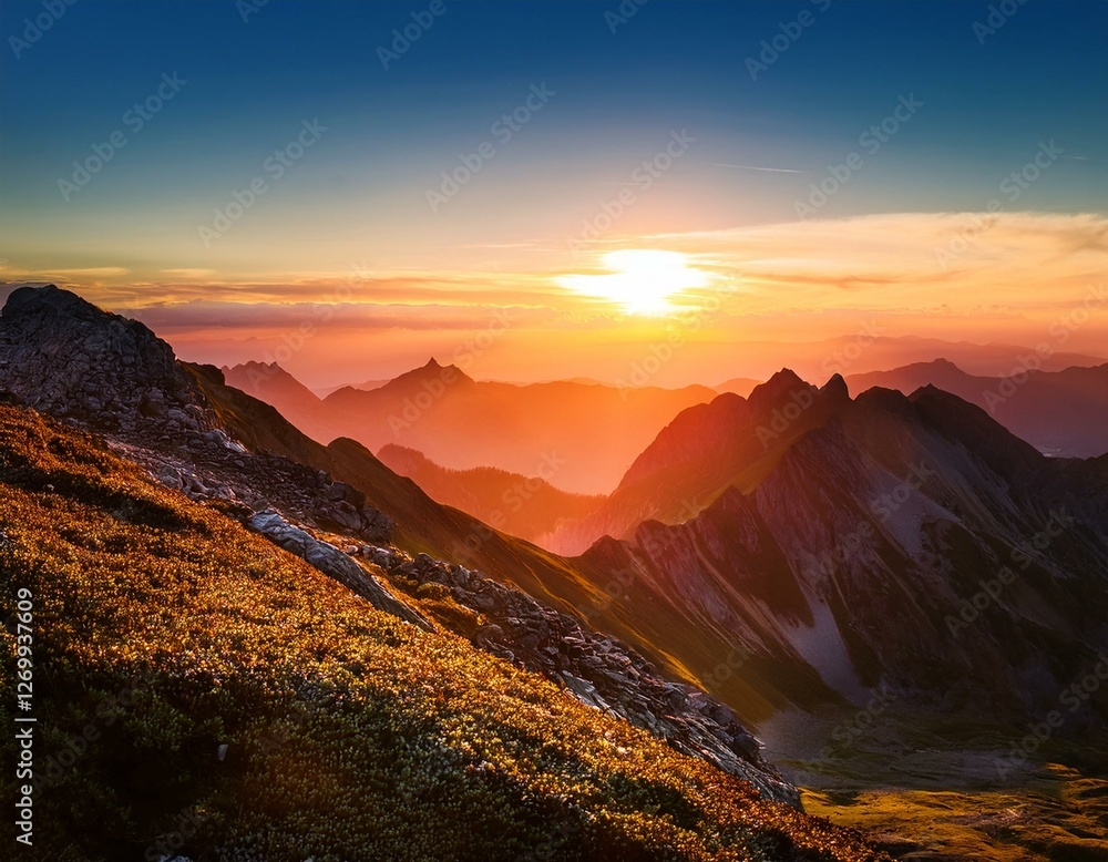 Fototapeta premium dramatic sunrise over the mountains colourful nature background