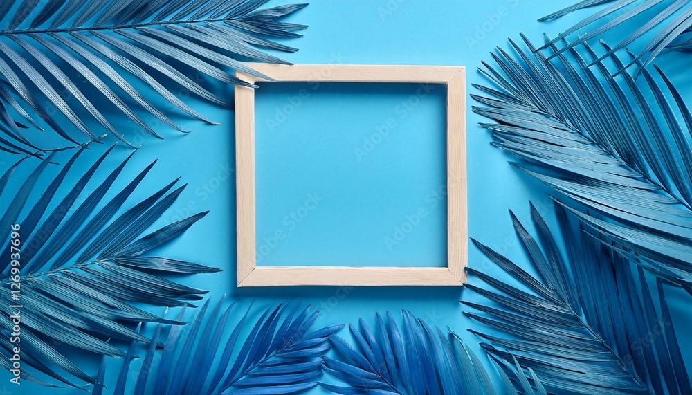 natural tropical frame with blue paper palm leaves on pastel blue background minimal summer exotic texture concept with copy space for text flat lay top view natural tropical frame with blue paper palm leaves on pastel blue background minimal summer exotic texture concept with copy space for text flat lay top view