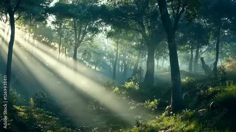Sunbeams illuminate misty forest at sunrise Sunbeams illuminate misty forest at sunrise