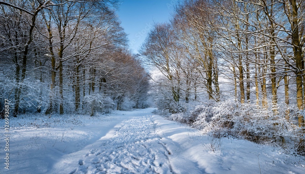 looking along a snow covered trail through woodland in sussex on a january morning looking along a snow covered trail through woodland in sussex on a january morning