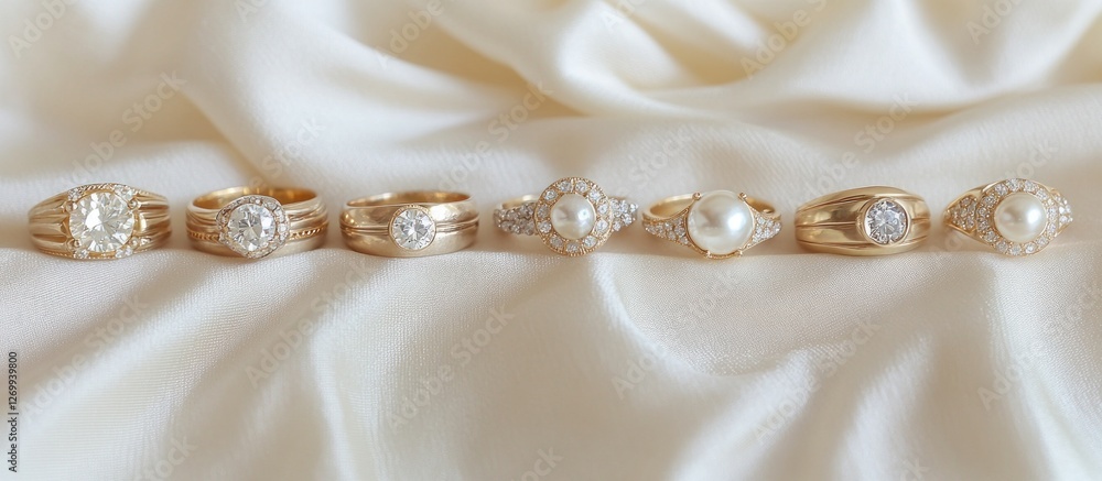 Elegant Gold Rings with Diamonds and Pearls on Luxurious Silk Fabric Elegant Gold Rings with Diamonds and Pearls on Luxurious Silk Fabric