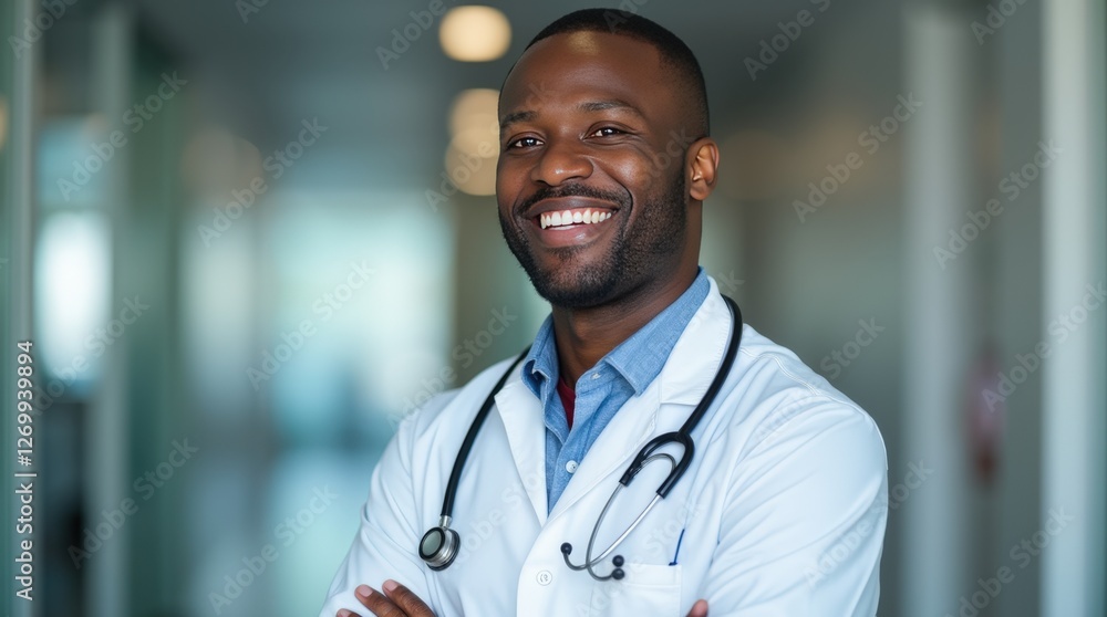A thoughtful black man in a doctor's coat, smiling warmly at the hospital, representing healthcare services and medical advice A thoughtful black man in a doctor's coat, smiling warmly at the hospital, representing healthcare services and medical advice