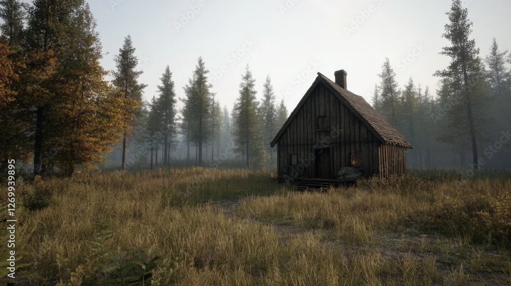 Rustic wooden cabin in misty forest. Peaceful rural scene. Potential use Nature photography, illustration, book cover, greeting cards Rustic wooden cabin in misty forest. Peaceful rural scene. Potential use Nature photography, illustration, book cover, greeting cards