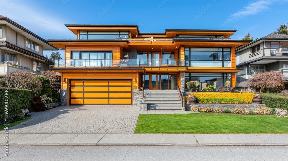 Modern style home exterior with lawn and garden on a sunny day, for real estate or architecture Modern style home exterior with lawn and garden on a sunny day, for real estate or architecture