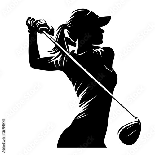 Female golfer swinging club silhouette