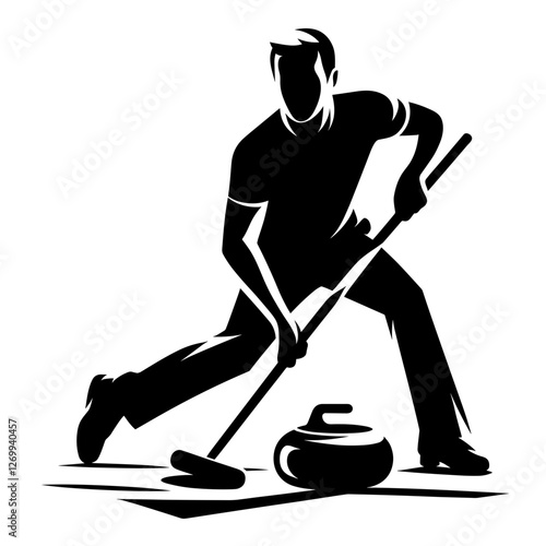 Curling player sweeping the ice silhouette