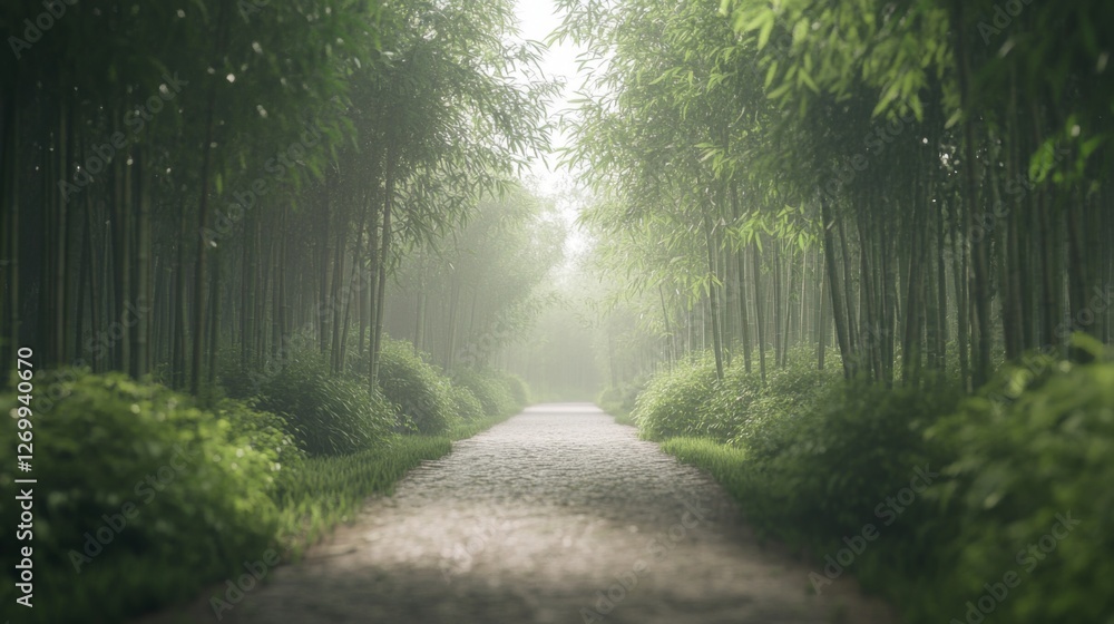 Misty bamboo forest path, tranquil scenery, nature's beauty, serene atmosphere, ideal for wallpaper or background