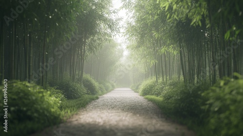 Obraz na płótnie Misty bamboo forest path, tranquil scenery, nature's beauty, serene atmosphere, ideal for wallpaper or background w salonie
