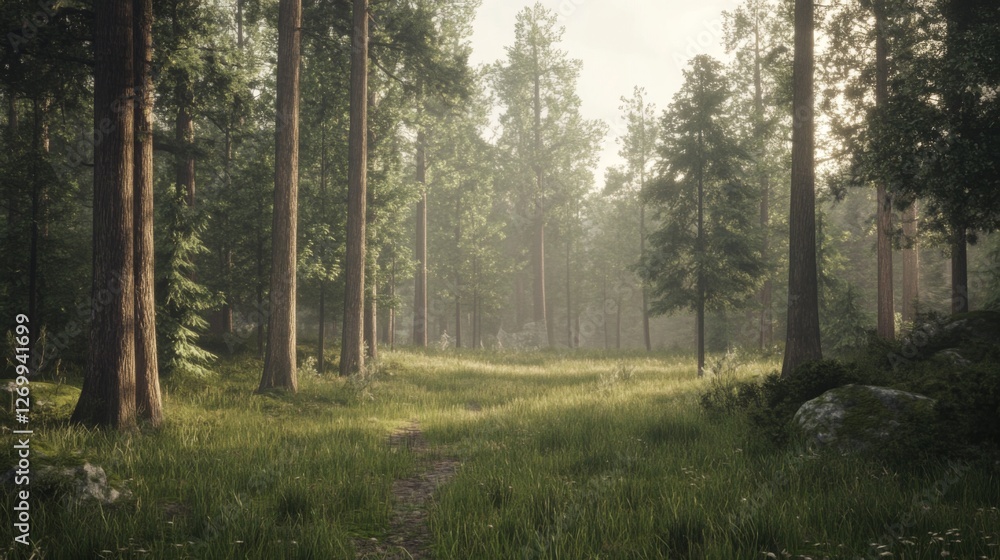 Obraz premium Misty forest path, sunlit clearing, tranquil scene, peaceful nature, suitable for nature calendar, backgrounds, or screensavers