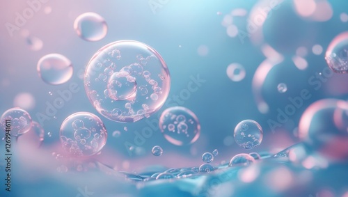Microscopic Bubbles in Ethereal Blue Background – Futuristic Molecular Structure